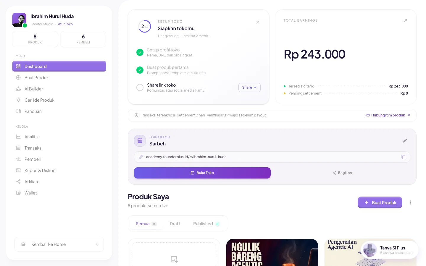 Dashboard creator Founder+ untuk mengelola produk dan data pelanggan